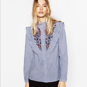 Zara Blue Embroidered Floral Stripe Ruffle Blouse